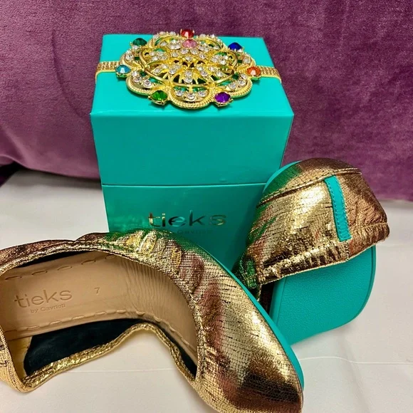 Tieks Metallic Gold Ballet Flats with Teal Accent, special holiday edition. - Picture 3 of 5